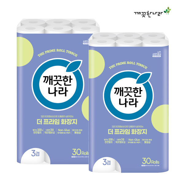 깨끗한나라 3겹 데코엠보 더 프라임 롤화장지, 25m, 30롤, 2개