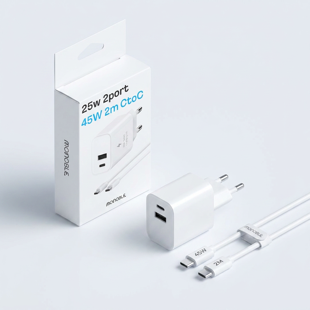 모노블 25W 2포트 초고속 가정용 충전기 + 45W 2m C to C 케이블 세트, 화이트, 1개