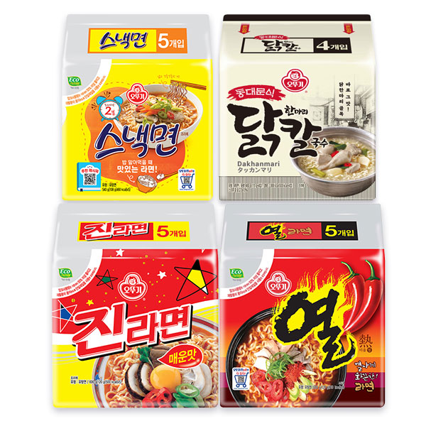 오뚜기 라면 4종 세트, 진라면 매운맛 5개 + 열라면 5개 + 스낵면 5개 + 동대문식닭한마리칼국수 4개, 1세트