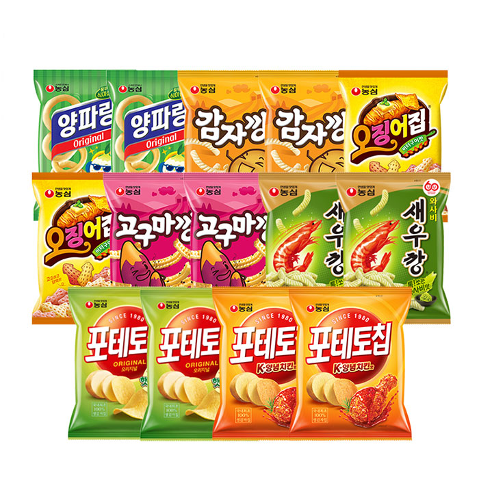 농심 스낵세트, 양파링 2개 + 감자깡 2개 + 오징어집 2개 + 고구마깡 2개 + 와사비새우깡 2개 + 포테토칩 2개 + 양념치킨맛 2개, 972g, 14개