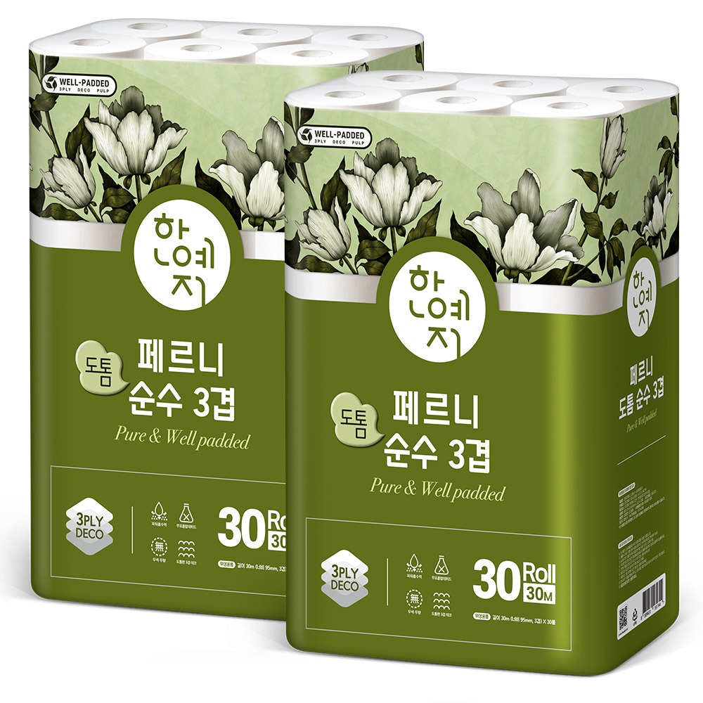 한예지 페르니 도톰 순수 3겹 화장지, 30m, 30롤입, 2개