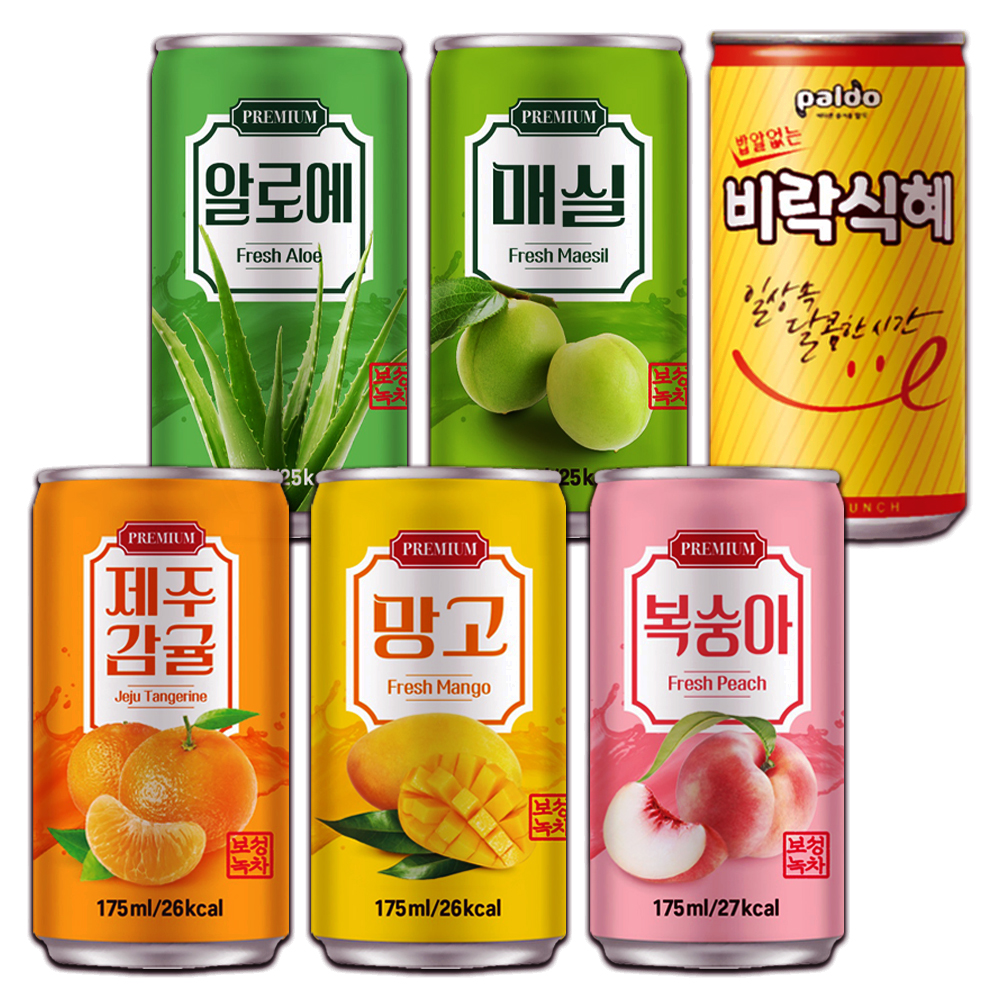 미니캔 과즙음료 혼합세트, 제주감귤 10캔 + 복숭아 10캔 + 망고 10캔 + 알로에 10캔 + 매실 10캔 + 비락식혜 10캔 + 메세지스티커, 175ml, 1세트