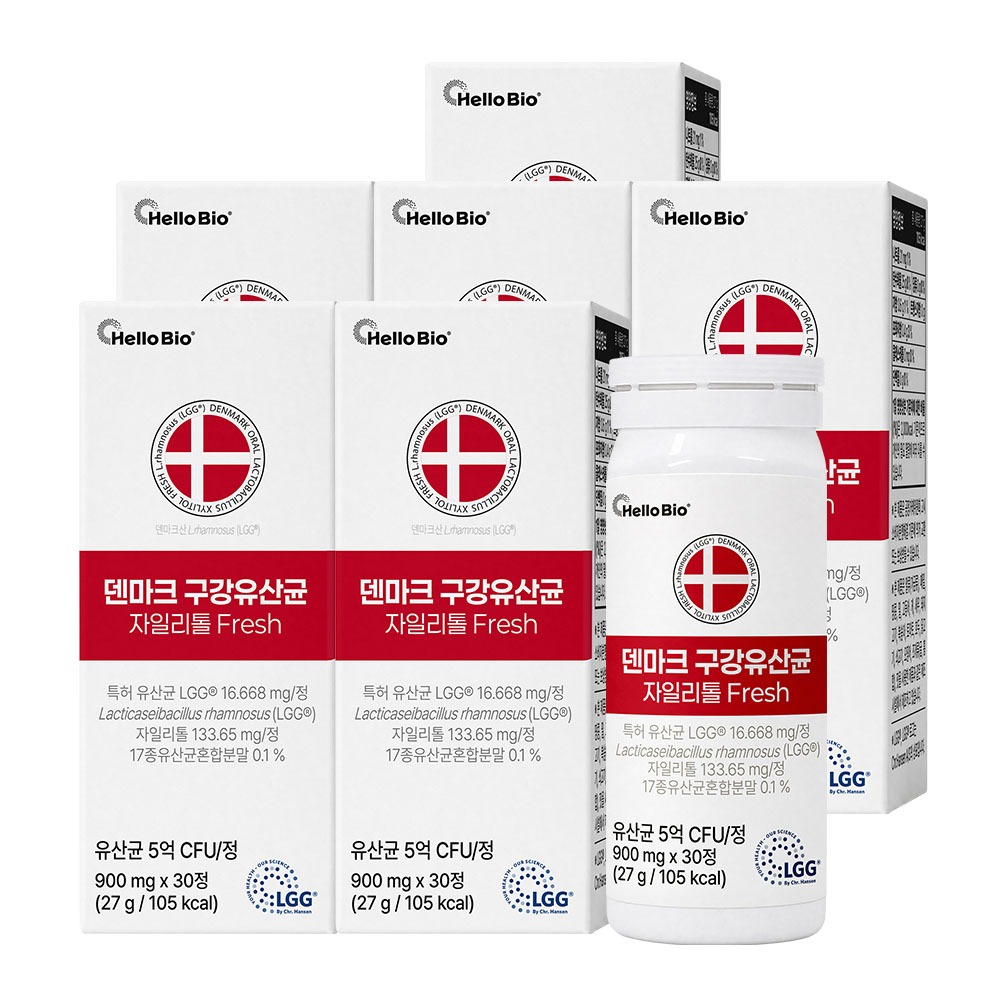 헬로바이오 덴마크 구강유산균 자일리톨 프레시, 900mg, 30정, 6박스
